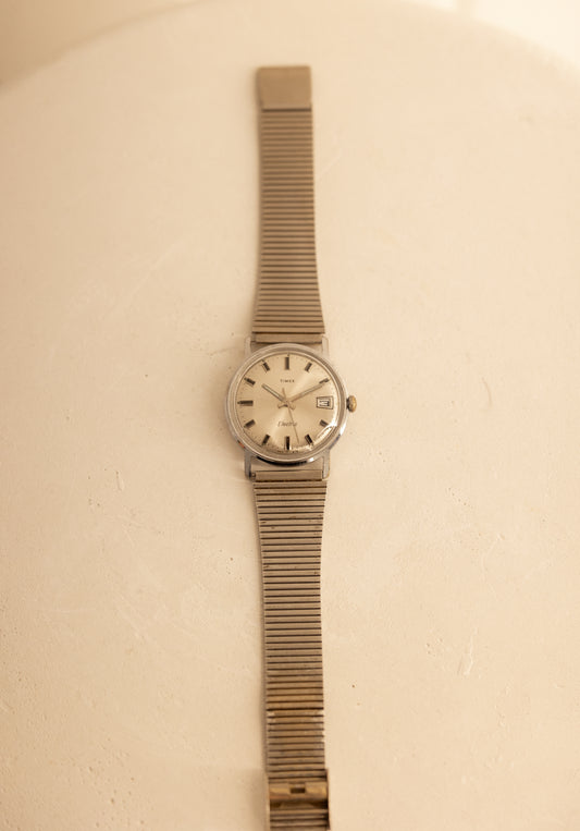 Vintage Silver Sunburst Dial Electric Timex Watch