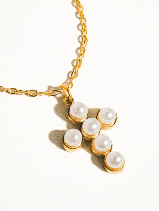 Cruz Mini Pearl Cross Necklace - Gold